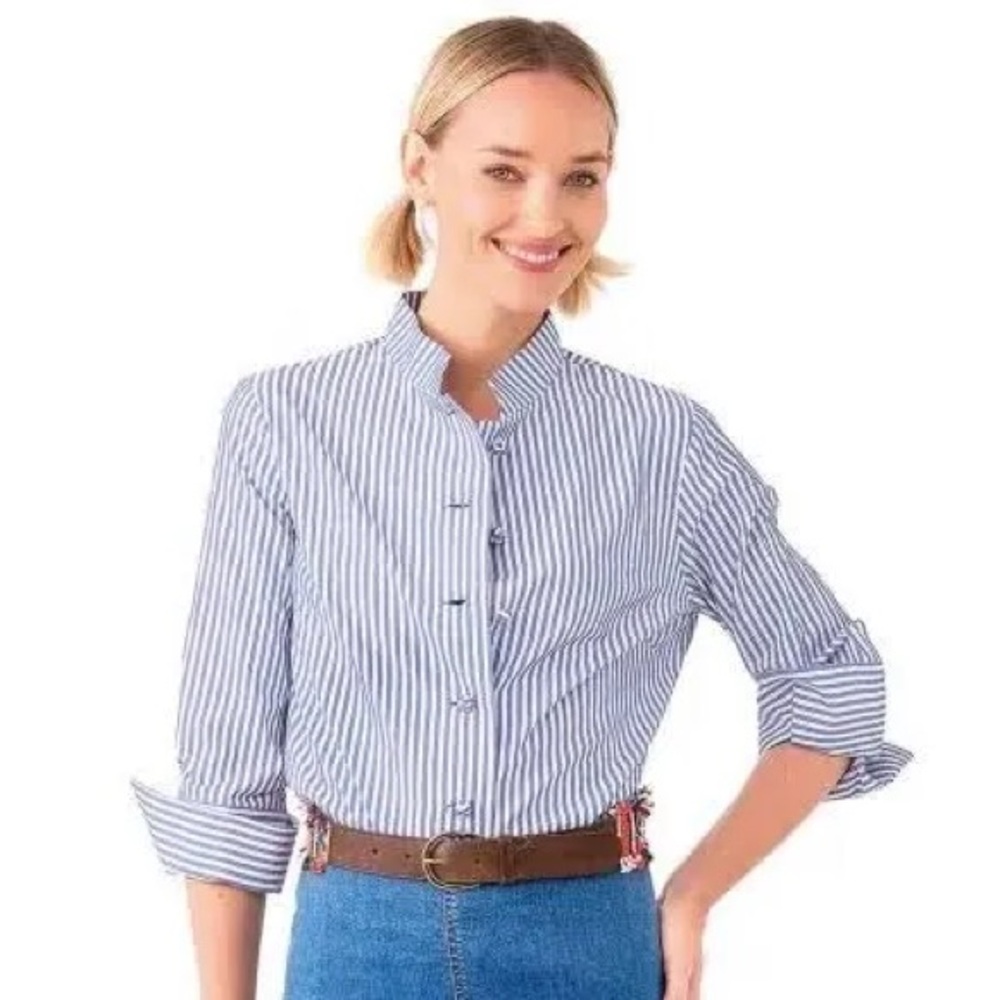 Gretchen Scott Blue Forget Me Knot Striped Shirt Size XS NWT